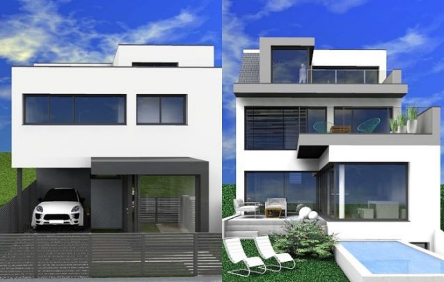 Vista frontal e vista da parte de trás desta casa moderna com três andares Vista frontal e vista da parte de trás desta casa moderna com três andares