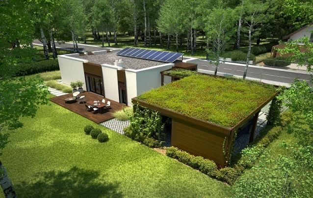 Projeto de casa de piso térreo com terraço verde Projeto de casa de piso térreo com terraço verde