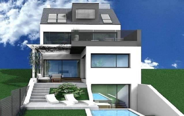 Modelo de sobrado com três andares, sótão e piscina Modelo de sobrado com três andares, sótão e piscina