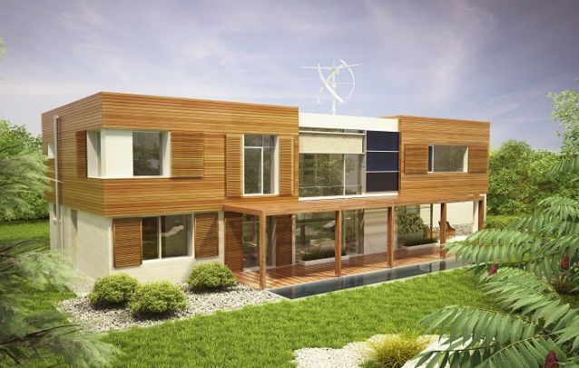 A madeira em destaque valoriza a fachada deste projeto de casa A madeira em destaque valoriza a fachada deste projeto de casa