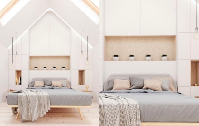 O armário atrás da cama serve tanto para armazenamento quanto como cabeceira O armário atrás da cama serve tanto para armazenamento quanto como cabeceira