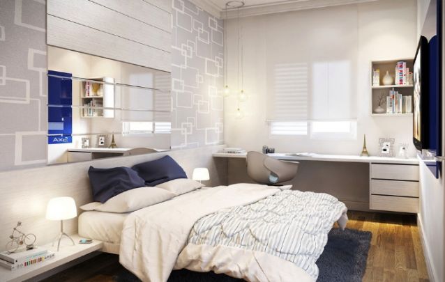 O espelho atrás da cama serve também como cabeceira O espelho atrás da cama serve também como cabeceira