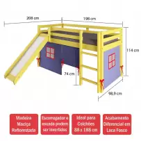 Cama Infantil Kids com Escorregador e Cabaninha em Madeira Maciça 3007 Amarelo - Arbol Movelaria