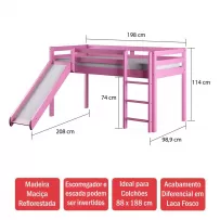 Cama Infantil Kids com Escorregador em Madeira Maciça 3002 Rosa - Arbol Movelaria