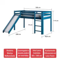 Cama Infantil Kids com Escorregador em Madeira Maciça 3003 Azul - Arbol Movelaria