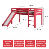 Cama Infantil Kids com Escorregador em Madeira Maciça 3004 Vermelho - Arbol Movelaria