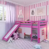 Cama Infantil Kids com Escorregador e Cabaninha em Madeira Maciça 3009 Rosa - Arbol Movelaria
