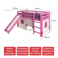 Cama Infantil Kids com Escorregador e Cabaninha em Madeira Maciça 3009 Rosa - Arbol Movelaria