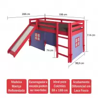 Cama Infantil Kids com Escorregador e Cabaninha em Madeira Maciça 3011 Vermelho - Arbol Movelaria