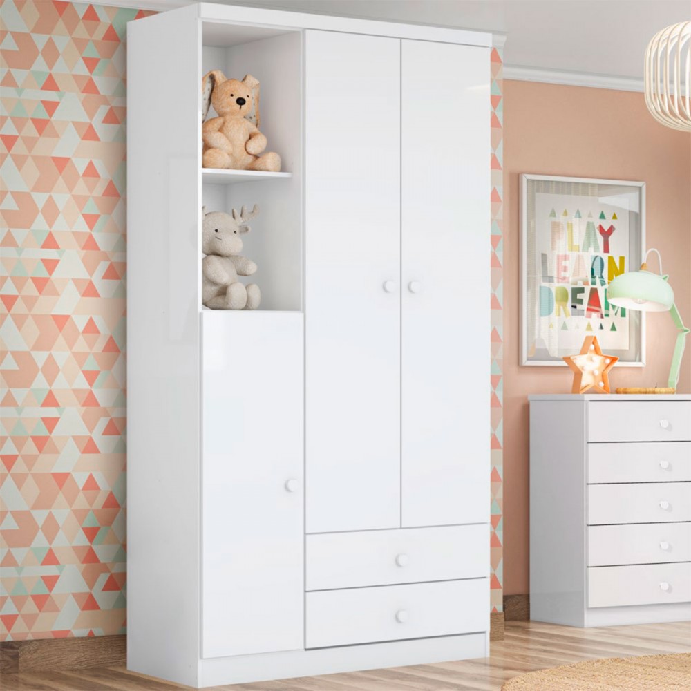 Guarda-Roupa Infantil Pique-Esconde Flex 3 Portas 2 Gavetas Branco/Rosa ...