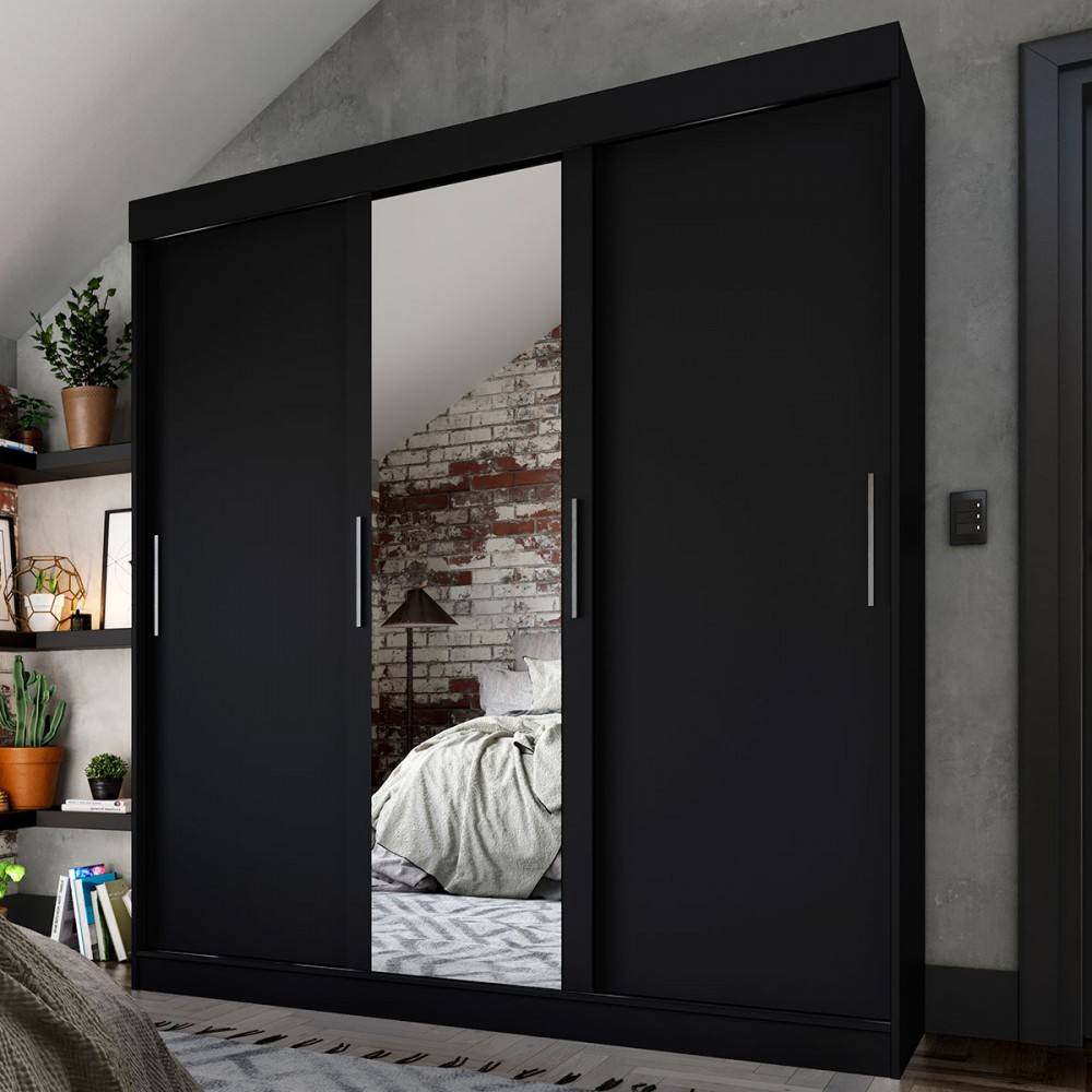 GuardaRoupa Casal Dublin 3 Portas 2 Gavetas com Espelho Preto Fama